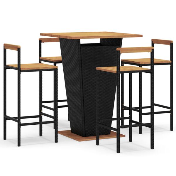vidaXL Ensemble de bar jardin 5 pcs noir poly rotin/bois massif acacia
