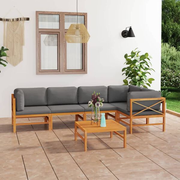 vidaXL Salon de jardin 6 pcs avec coussins gris Bois de teck solide