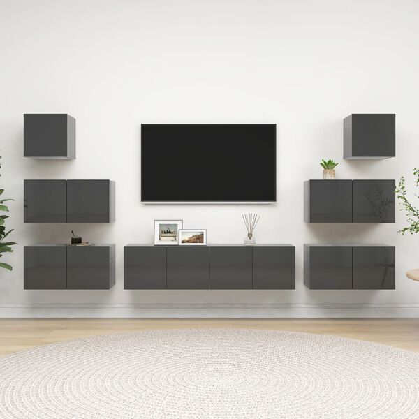 vidaXL Ensemble de meuble TV 8 pcs Gris brillant Bois d'ing&eacute;nierie