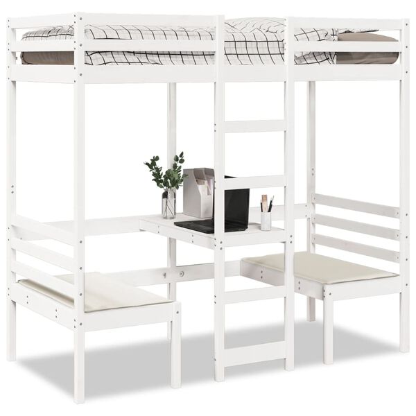 vidaXL Lit mezzanine avec bureau et chaises blanc 80x200 cm pin massif