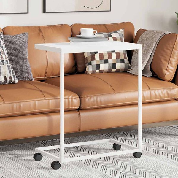 vidaXL Table d'appoint avec roues Blanc 55x35x70 cm Bois d'ing&eacute;nierie