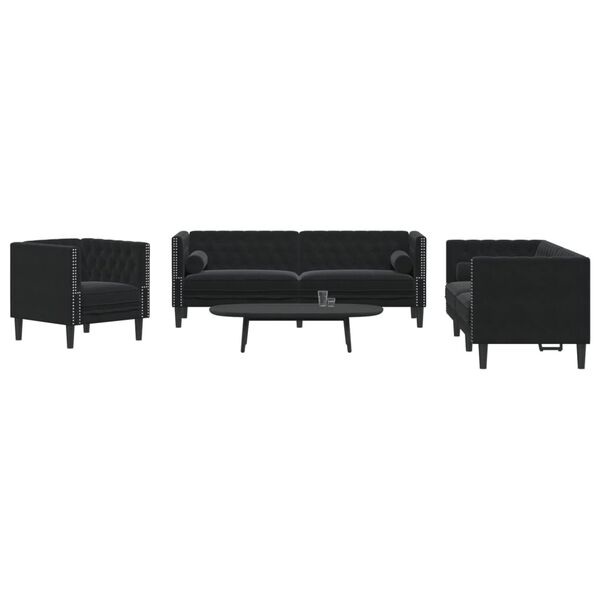 vidaXL Ensemble de canapé Chesterfield et traversins 3pcs noir velours