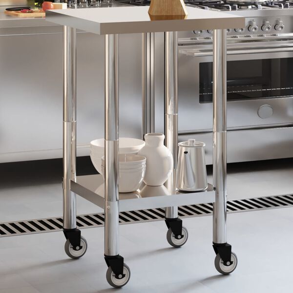 vidaXL Table de travail de cuisine avec roues 55x55x85 cm inox