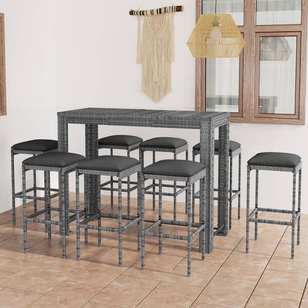 vidaXL Ensemble de bar de jardin 9 pcs et coussins Résine tressée Gris