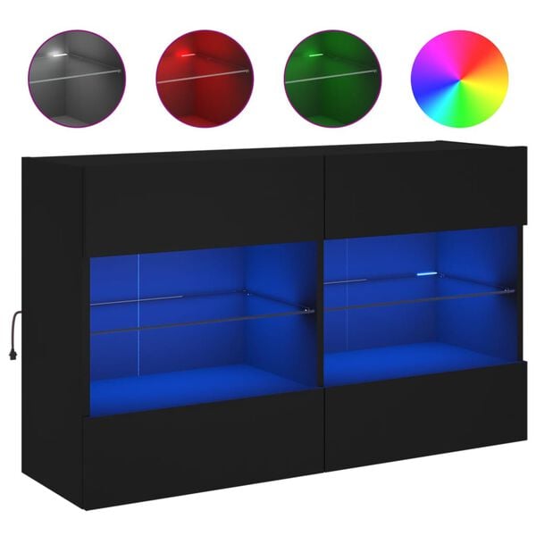 vidaXL Meuble TV mural avec lumi&egrave;res LED noir 98,5x30x60,5 cm