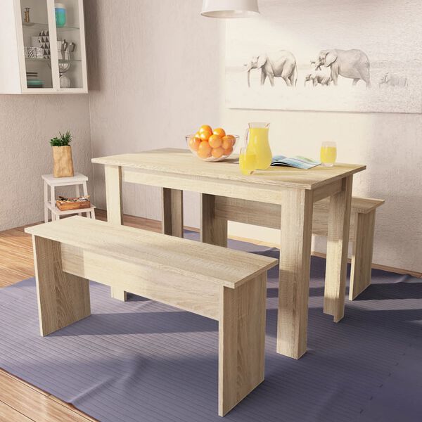 vidaXL Table &agrave; manger et bancs 3 pcs Bois d'ing&eacute;nierie Ch&ecirc;ne