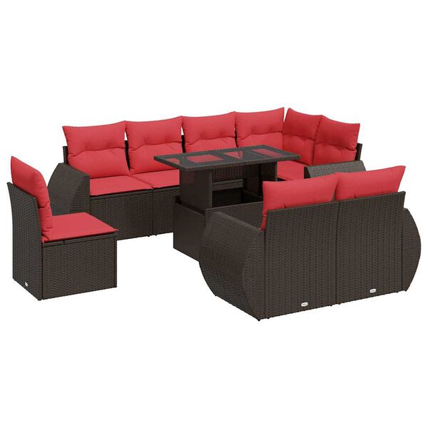 vidaXL Salon de jardin avec coussins 9pcs marron r&eacute;sine tress&eacute;e acacia