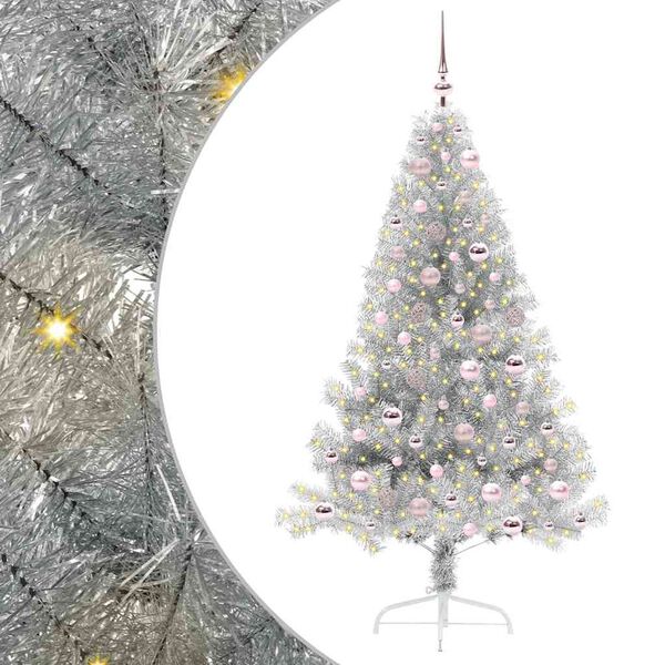 vidaXL Sapin de No&euml;l artificiel pr&eacute;-&eacute;clair&eacute; Argent 180 cm PET