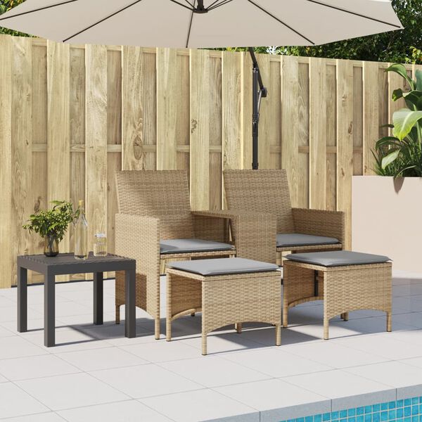 vidaXL Canapé de jardin 2 places avec table et tabourets beige rotin