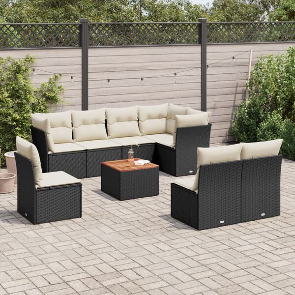vidaXL Salon de jardin 9 pcs avec coussins noir r&eacute;sine tress&eacute;e