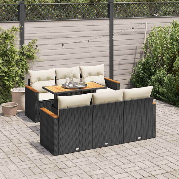 vidaXL Salon de jardin avec coussins 7 pcs noir résine tressée acacia
