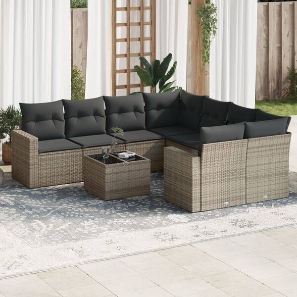 vidaXL Salon de jardin 9 pcs avec coussins gris résine tressée