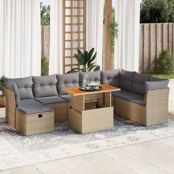 vidaXL Salon de jardin avec coussins 9 pcs beige r&eacute;sine tress&eacute;e acacia