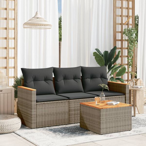vidaXL Salon de jardin 4 pcs avec coussins gris r&eacute;sine tress&eacute;e