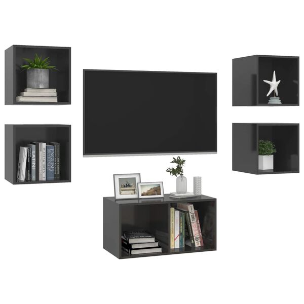 vidaXL Ensemble de meubles TV 5 pcs Gris brillant Bois d'ingénierie