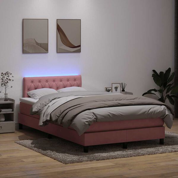 vidaXL Sommier &agrave; lattes de lit avec matelas et LED rose 120x220 cm velours