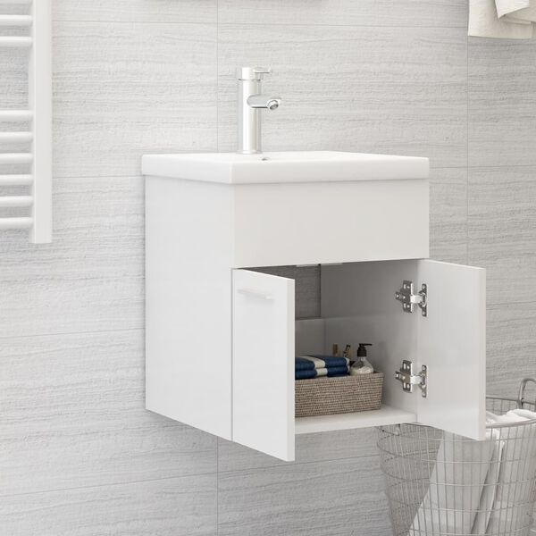 vidaXL Armoire d'&eacute;vier avec lavabo int&eacute;gr&eacute; Blanc brillant Agglom&eacute;r&eacute;