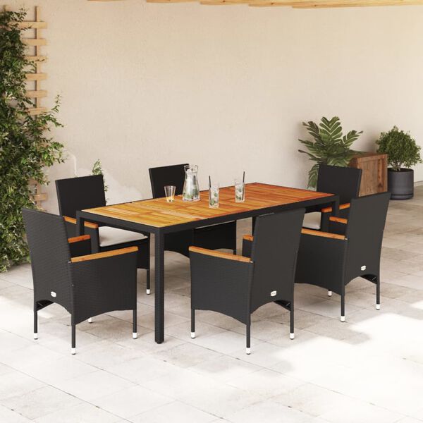 vidaXL Ensemble &agrave; manger de jardin et coussins 7pcs noir rotin acacia