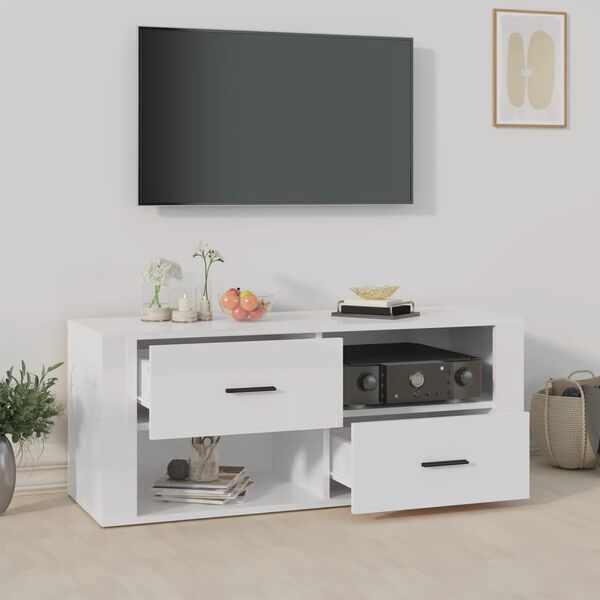 vidaXL Meuble TV Blanc brillant 100x35x40 cm Bois d'ing&eacute;nierie