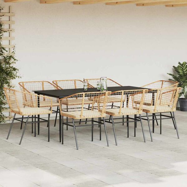 vidaXL Ensemble &agrave; manger jardin coussins 9pcs marron poly rotin verre