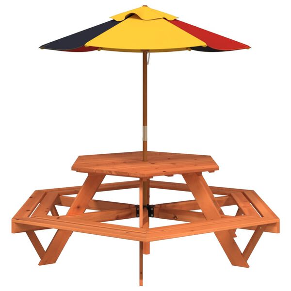 vidaXL Table de pique-nique pour 6 enfants avec parasol hexagone sapin