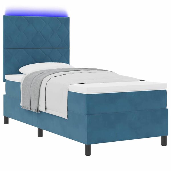 vidaXL Lit &agrave; ressort LED avec matelas Bleu fonc&eacute; 90 x 190 cm tissu