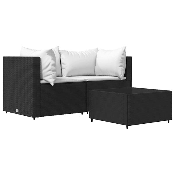 vidaXL Salon de jardin 3 pcs avec coussins Noir R&eacute;sine tress&eacute;e