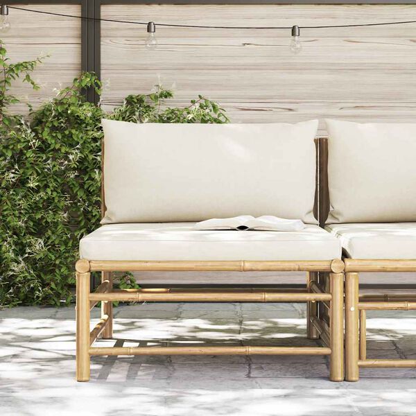 vidaXL Canapé central de jardin avec coussins blanc crème Bambou