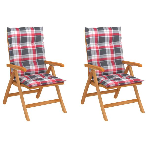vidaXL Chaises de jardin lot de 2 avec coussins &agrave; carreaux rouge Teck