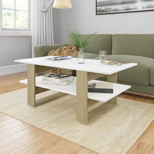 vidaXL Table basse blanc et ch&ecirc;ne sonoma 110x55x42cm bois d'ing&eacute;nierie