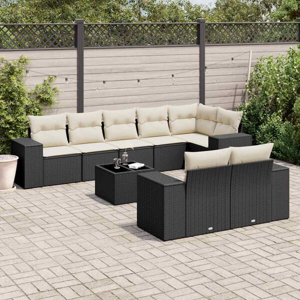 vidaXL Salon de jardin 9 pcs avec coussins noir r&eacute;sine tress&eacute;e