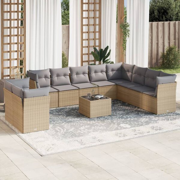 vidaXL Salon de jardin 11 pcs avec coussins beige r&eacute;sine tress&eacute;e