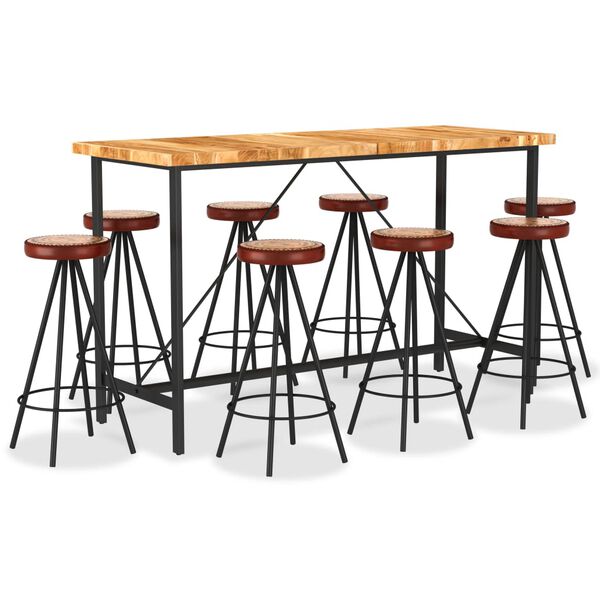 vidaXL Ensemble de bar 9 pcs Bois d'acacia solide et cuir v&eacute;ritable
