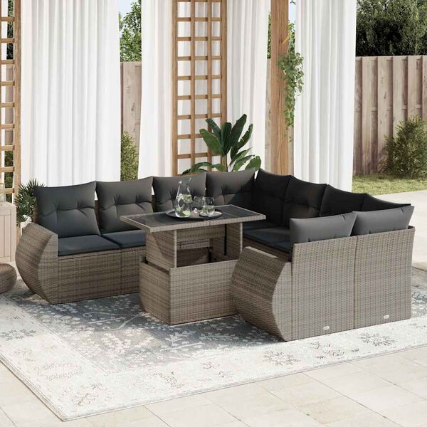 vidaXL Salon de jardin 9 pcs avec coussins gris r&eacute;sine tress&eacute;e
