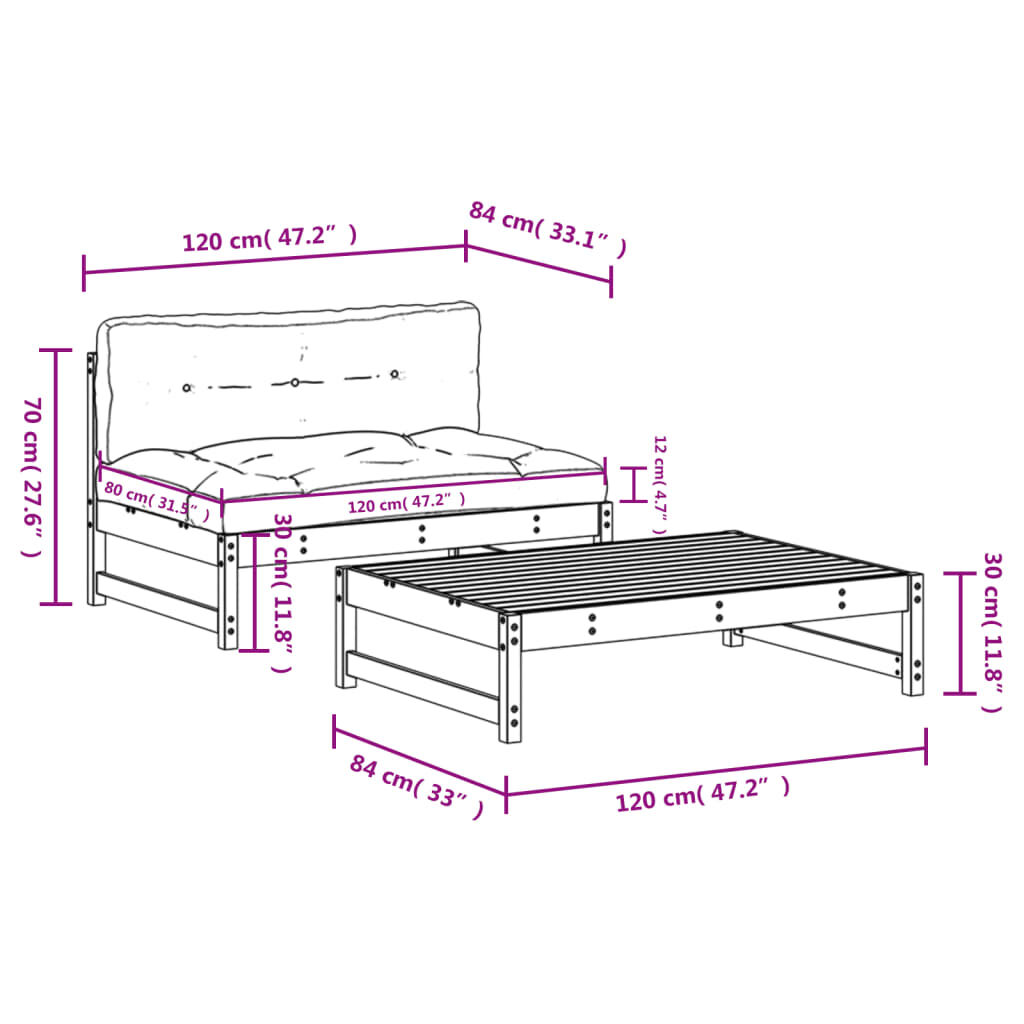 vidaXL Salon de jardin 2 pcs avec coussins gris bois massif