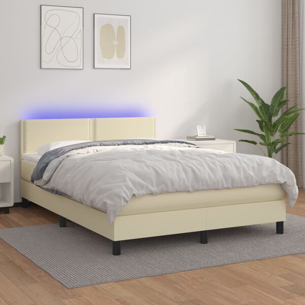 vidaXL Sommier &agrave; lattes de lit avec matelas et LED Cr&egrave;me 140x200 cm