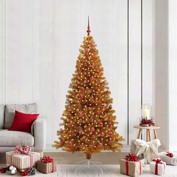 vidaXL Sapin de No&euml;l avec 300 LED avec support Dor&eacute; 210 cm PET