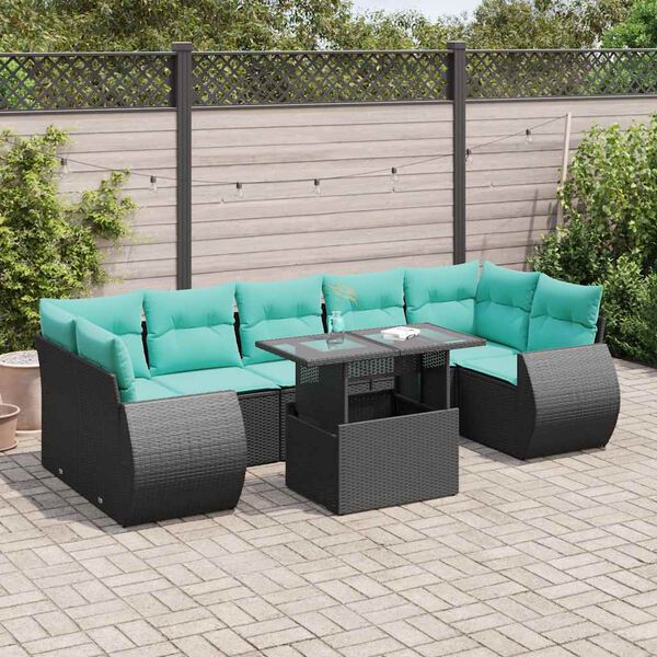 vidaXL Salon de jardin avec coussins 8 pcs noir r&eacute;sine tress&eacute;e acacia