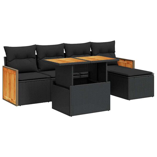 vidaXL Salon de jardin 6 pcs avec coussins noir r&eacute;sine tress&eacute;e acacia