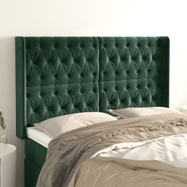vidaXL T&ecirc;te de lit avec oreilles Vert fonc&eacute; 163x16x118/128 cm Velours