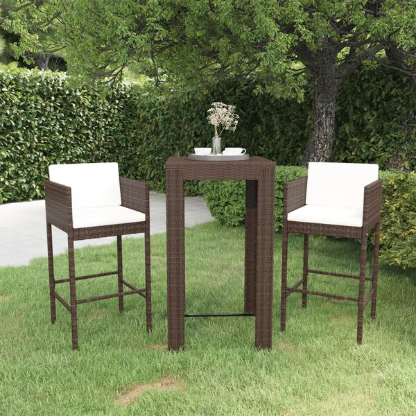 vidaXL Meubles de bar de jardin 3pcs et coussins Résine tressée Marron