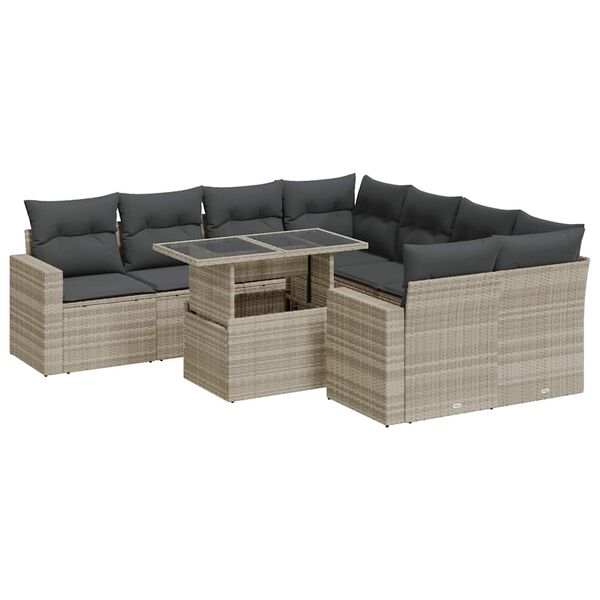 vidaXL Salon de jardin 9 pcs avec coussins gris clair r&eacute;sine tress&eacute;e