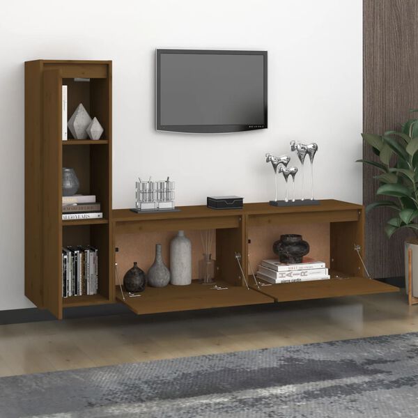 vidaXL Meubles TV 3 pcs Marron miel Bois massif de pin