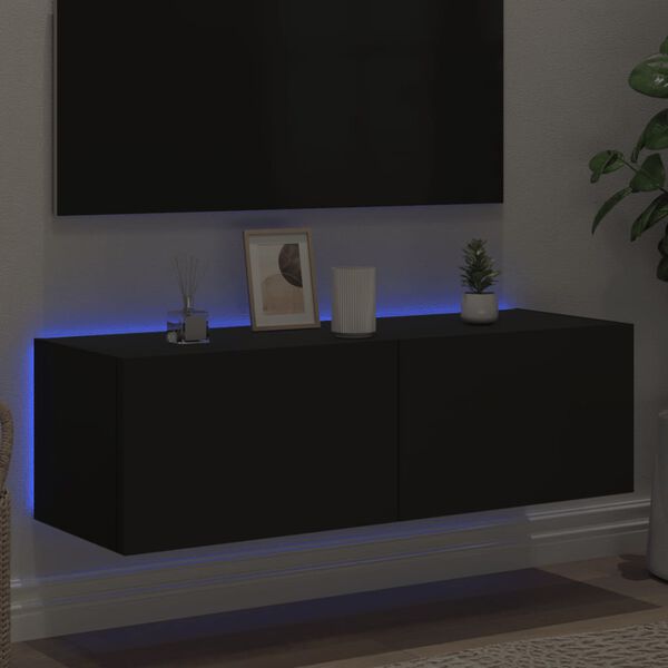 vidaXL Meuble TV mural avec lumi&egrave;res LED noir 100x35x31 cm