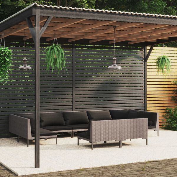 vidaXL Salon de jardin 9 pcs avec coussins Résine tressée Gris foncé