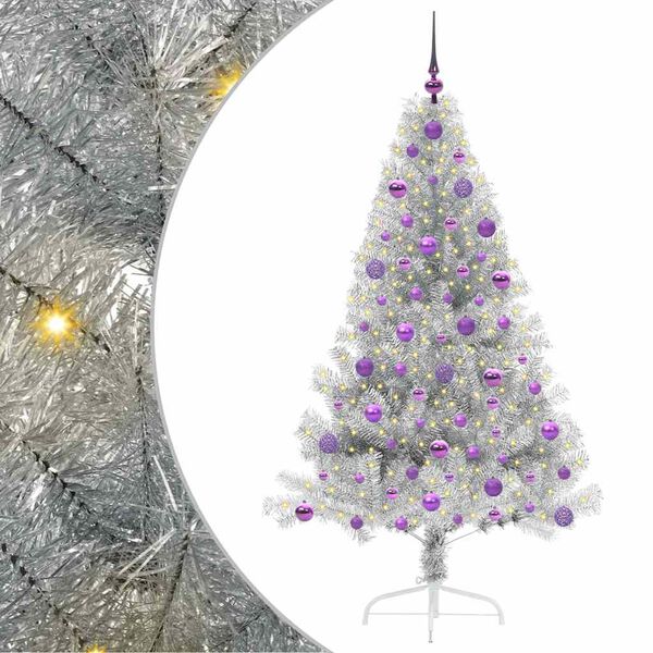 vidaXL Sapin de No&euml;l artificiel pr&eacute;-&eacute;clair&eacute; Argent 180 cm PET