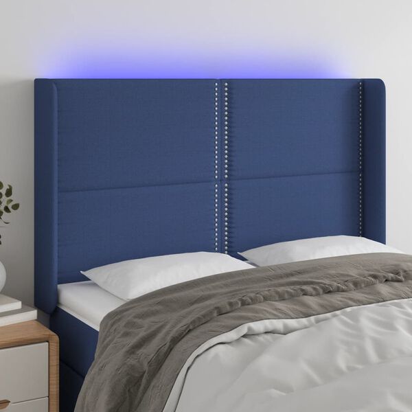 vidaXL T&ecirc;te de lit &agrave; LED Bleu 147x16x118/128 cm Tissu