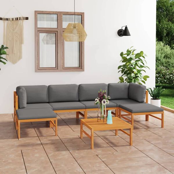 vidaXL Salon de jardin 7 pcs avec coussins gris bois de teck solide