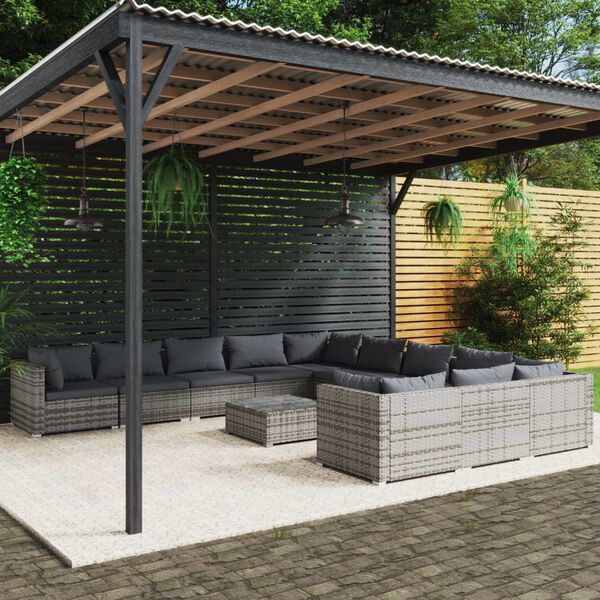 vidaXL Salon de jardin 12 pcs avec coussins R&eacute;sine tress&eacute;e Gris