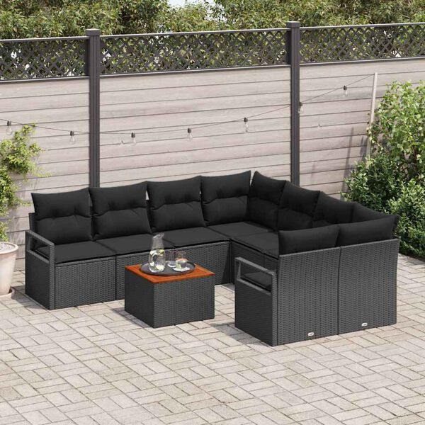 vidaXL Ensemble de canap&eacute; de jardin avec coussin 9 pcs Noir polyrotin